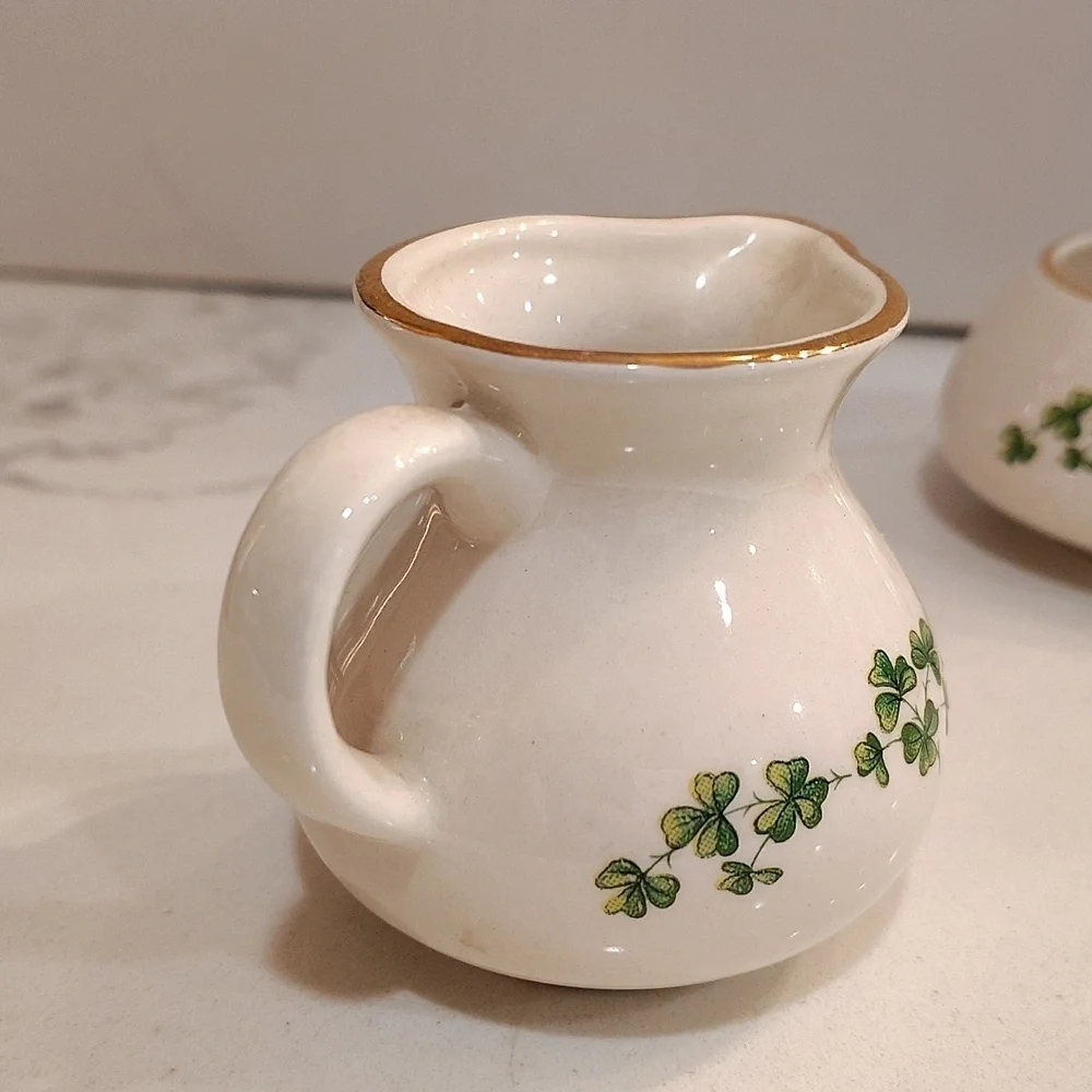 Carrigcraft County Cork Ireland  creamer sugar clover print white green gold rim